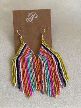 Plunder Multicolor Seed Bead Fringe Earrings with Yellow Accent